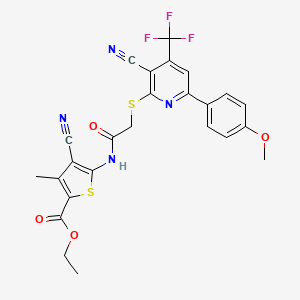 molecular formula C25H19F3N4O4S2 B2688948 Ethyl 4-cyano-5-[({[3-cyano-6-(4-methoxyphenyl)-4-(trifluoromethyl)pyridin-2-yl]sulfanyl}acetyl)amino]-3-methylthiophene-2-carboxylate CAS No. 498537-21-6