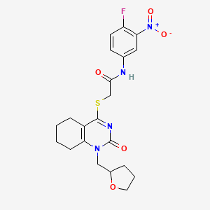 molecular formula C21H23FN4O5S B2688985 N-(4-氟-3-硝基苯基)-2-((2-氧代-1-((四氢呋喃-2-基)甲基)-1,2,5,6,7,8-六氢喹唑啉-4-基)硫)乙酰胺 CAS No. 899951-90-7