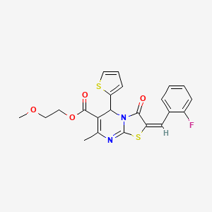 molecular formula C22H19FN2O4S2 B2688987 2-甲氧基乙基2-(2-氟苯甲亚甲基)-7-甲基-3-氧代-5-(噻吩-2-基)-3,5-二氢-2H-噻唑并[3,2-a]嘧啶-6-羧酸酯 CAS No. 617698-68-7