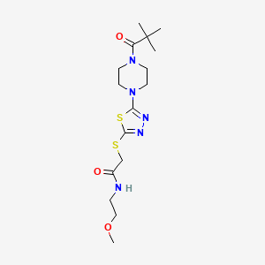 molecular formula C16H27N5O3S2 B2688998 N-(2-methoxyethyl)-2-((5-(4-pivaloylpiperazin-1-yl)-1,3,4-thiadiazol-2-yl)thio)acetamide CAS No. 1105228-16-7