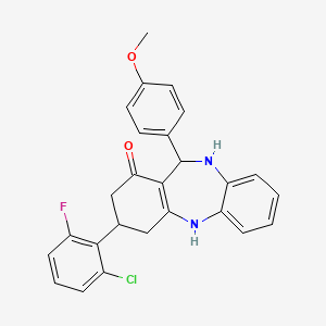 molecular formula C26H22ClFN2O2 B2689013 9-(2-Chloro-6-fluorophenyl)-6-(4-methoxyphenyl)-5,6,8,9,10,11-hexahydrobenzo[b][1,4]benzodiazepin-7-one CAS No. 338414-97-4