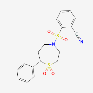 molecular formula C18H18N2O4S2 B2689022 2-((1,1-二氧代-7-苯基-1,4-噻杂丙烷-4-基)磺酰)苯甲腈 CAS No. 2034457-71-9