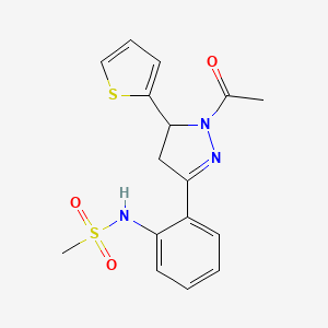 molecular formula C16H17N3O3S2 B2689023 N-{2-[1-acetyl-5-(thiophen-2-yl)-4,5-dihydro-1H-pyrazol-3-yl]phenyl}methanesulfonamide CAS No. 921156-44-7