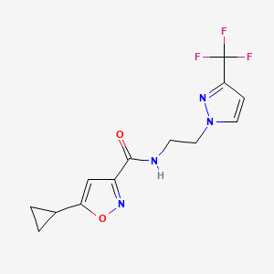 molecular formula C13H13F3N4O2 B2689050 5-cyclopropyl-N-(2-(3-(trifluoromethyl)-1H-pyrazol-1-yl)ethyl)isoxazole-3-carboxamide CAS No. 1448071-91-7