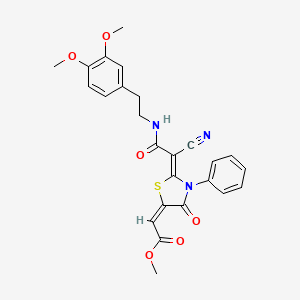 molecular formula C25H23N3O6S B2689051 (E)-methyl 2-((Z)-2-(1-cyano-2-((3,4-dimethoxyphenethyl)amino)-2-oxoethylidene)-4-oxo-3-phenylthiazolidin-5-ylidene)acetate CAS No. 799783-93-0