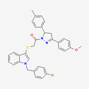 molecular formula C34H30BrN3O2S B2689164 2-((1-(4-溴苄基)-1H-吲哚-3-基)硫)-1-(3-(4-甲氧苯基)-5-(对甲苯基)-4,5-二氢-1H-吡唑-1-基)乙酮 CAS No. 681274-50-0