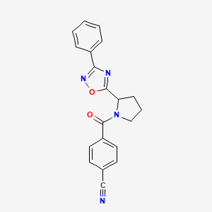 molecular formula C20H16N4O2 B2689168 4-{[2-(3-Phenyl-1,2,4-oxadiazol-5-yl)pyrrolidin-1-yl]carbonyl}benzonitrile CAS No. 1788753-84-3