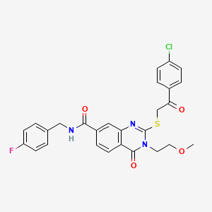 molecular formula C27H23ClFN3O4S B2689172 2-((2-(4-氯苯基)-2-氧代乙基)硫)-N-(4-氟苄基)-3-(2-甲氧基乙基)-4-氧代-3,4-二氢喹唑啉-7-羧酰胺 CAS No. 1113139-54-0