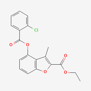 molecular formula C19H15ClO5 B2689268 Ethyl 4-{[(2-chlorophenyl)carbonyl]oxy}-3-methyl-1-benzofuran-2-carboxylate CAS No. 356586-77-1