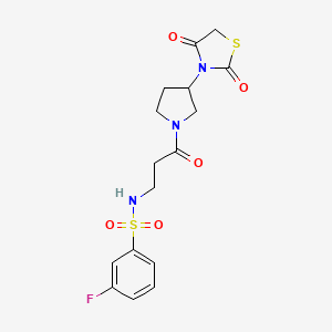 molecular formula C16H18FN3O5S2 B2689298 N-(3-(3-(2,4-dioxothiazolidin-3-yl)pyrrolidin-1-yl)-3-oxopropyl)-3-fluorobenzenesulfonamide CAS No. 2034386-42-8