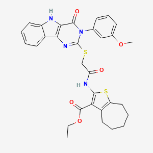 molecular formula C31H30N4O5S2 B2689325 ethyl 2-[[2-[[3-(3-methoxyphenyl)-4-oxo-5H-pyrimido[5,4-b]indol-2-yl]sulfanyl]acetyl]amino]-5,6,7,8-tetrahydro-4H-cyclohepta[b]thiophene-3-carboxylate CAS No. 536706-65-7