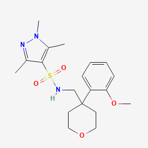 molecular formula C19H27N3O4S B2689353 N-((4-(2-methoxyphenyl)tetrahydro-2H-pyran-4-yl)methyl)-1,3,5-trimethyl-1H-pyrazole-4-sulfonamide CAS No. 1298020-77-5