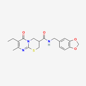 molecular formula C19H21N3O4S B2689386 N-(benzo[d][1,3]dioxol-5-ylmethyl)-7-ethyl-8-methyl-6-oxo-2,3,4,6-tetrahydropyrimido[2,1-b][1,3]thiazine-3-carboxamide CAS No. 1421481-51-7