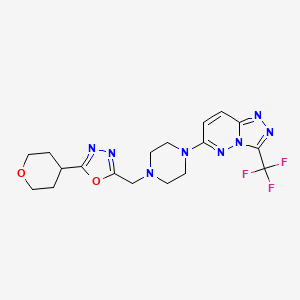 molecular formula C18H21F3N8O2 B2689413 2-(Oxan-4-yl)-5-[[4-[3-(trifluoromethyl)-[1,2,4]triazolo[4,3-b]pyridazin-6-yl]piperazin-1-yl]methyl]-1,3,4-oxadiazole CAS No. 2380191-64-8