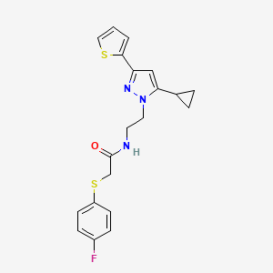 molecular formula C20H20FN3OS2 B2689423 N-(2-(5-cyclopropyl-3-(thiophen-2-yl)-1H-pyrazol-1-yl)ethyl)-2-((4-fluorophenyl)thio)acetamide CAS No. 1797327-23-1