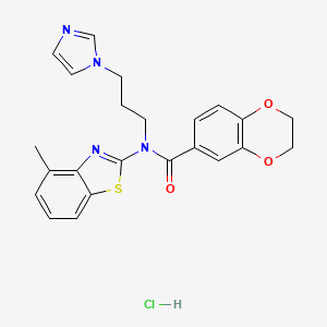 molecular formula C23H23ClN4O3S B2689482 N-(3-(1H-imidazol-1-yl)propyl)-N-(4-methylbenzo[d]thiazol-2-yl)-2,3-dihydrobenzo[b][1,4]dioxine-6-carboxamide hydrochloride CAS No. 1216877-91-6