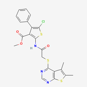 molecular formula C22H18ClN3O3S3 B2689484 Methyl 5-chloro-2-({[(5,6-dimethylthieno[2,3-d]pyrimidin-4-yl)sulfanyl]acetyl}amino)-4-phenylthiophene-3-carboxylate CAS No. 315683-63-7