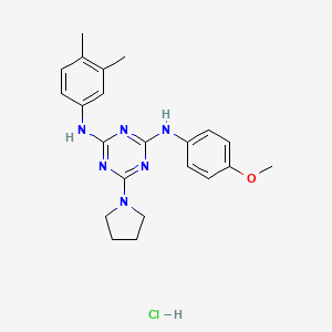 molecular formula C22H27ClN6O B2689500 N2-(3,4-dimethylphenyl)-N4-(4-methoxyphenyl)-6-(pyrrolidin-1-yl)-1,3,5-triazine-2,4-diamine hydrochloride CAS No. 1179379-64-6