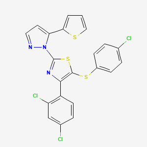 molecular formula C22H12Cl3N3S3 B2689502 5-(4-Chlorophenyl)sulfanyl-4-(2,4-dichlorophenyl)-2-(5-thiophen-2-ylpyrazol-1-yl)-1,3-thiazole CAS No. 956182-65-3