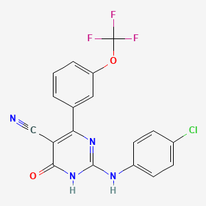 molecular formula C18H10ClF3N4O2 B2689575 2-[(4-Chlorophenyl)amino]-6-oxo-4-[3-(trifluoromethoxy)phenyl]-1,6-dihydropyrimidine-5-carbonitrile CAS No. 1348697-80-2