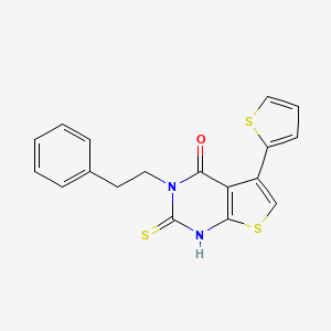 molecular formula C18H14N2OS3 B2689631 3-(2-苯乙基)-2-硫代-5-(噻吩-2-基)-3H,4H-噻吩并[2,3-d]嘧啶-4-酮 CAS No. 731820-91-0
