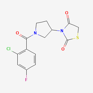 molecular formula C14H12ClFN2O3S B2689633 3-(1-(2-Chloro-4-fluorobenzoyl)pyrrolidin-3-yl)thiazolidine-2,4-dione CAS No. 1798680-16-6