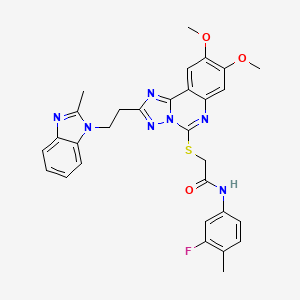 molecular formula C30H28FN7O3S B2689643 2-((8,9-dimethoxy-2-(2-(2-methyl-1H-benzo[d]imidazol-1-yl)ethyl)-[1,2,4]triazolo[1,5-c]quinazolin-5-yl)thio)-N-(3-fluoro-4-methylphenyl)acetamide CAS No. 902434-37-1