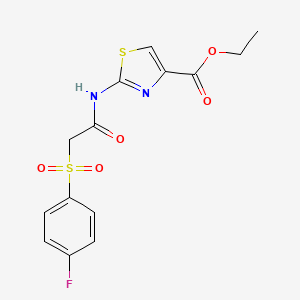 molecular formula C14H13FN2O5S2 B2689672 Ethyl 2-(2-((4-fluorophenyl)sulfonyl)acetamido)thiazole-4-carboxylate CAS No. 895472-45-4