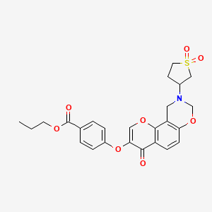 molecular formula C25H25NO8S B2689747 Propyl 4-((9-(1,1-dioxidotetrahydrothiophen-3-yl)-4-oxo-4,8,9,10-tetrahydrochromeno[8,7-e][1,3]oxazin-3-yl)oxy)benzoate CAS No. 951943-28-5
