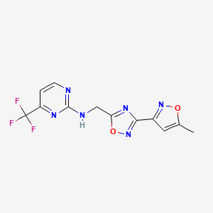 molecular formula C12H9F3N6O2 B2689759 N-{[3-(5-methyl-1,2-oxazol-3-yl)-1,2,4-oxadiazol-5-yl]methyl}-4-(trifluoromethyl)pyrimidin-2-amine CAS No. 2034331-21-8