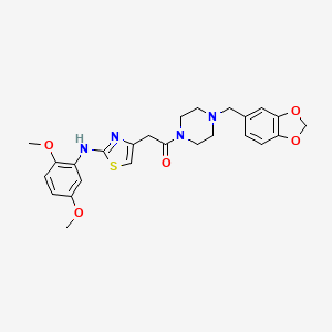 molecular formula C25H28N4O5S B2689797 1-(4-(Benzo[d][1,3]dioxol-5-ylmethyl)piperazin-1-yl)-2-(2-((2,5-dimethoxyphenyl)amino)thiazol-4-yl)ethanone CAS No. 1170133-32-0