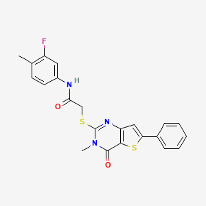 molecular formula C22H18FN3O2S2 B2689853 N-(3-氟-4-甲基苯基)-2-((3-甲基-4-氧代-6-苯基-3,4-二氢噻吩并[3,2-d]嘧啶-2-基)硫)乙酰胺 CAS No. 1105200-23-4