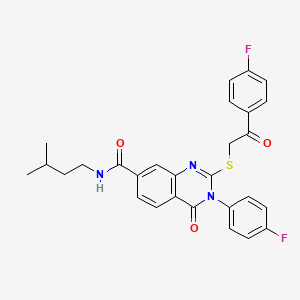 molecular formula C28H25F2N3O3S B2689940 3-(4-fluorophenyl)-2-((2-(4-fluorophenyl)-2-oxoethyl)thio)-N-isopentyl-4-oxo-3,4-dihydroquinazoline-7-carboxamide CAS No. 1113135-04-8