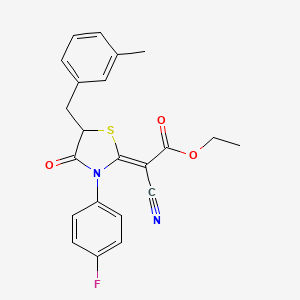 molecular formula C22H19FN2O3S B2689943 (Z)-ethyl 2-cyano-2-(3-(4-fluorophenyl)-5-(3-methylbenzyl)-4-oxothiazolidin-2-ylidene)acetate CAS No. 786677-96-1