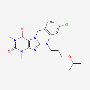 molecular formula C20H26ClN5O3 B2689947 7-(4-chlorobenzyl)-1,3-dimethyl-8-{[3-(propan-2-yloxy)propyl]amino}-3,7-dihydro-1H-purine-2,6-dione CAS No. 585553-02-2