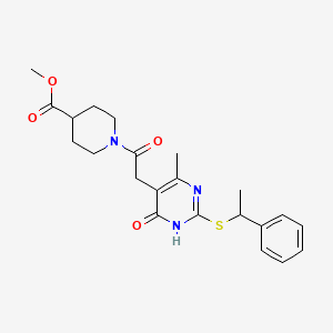 Methyl 1-(2-(4-methyl-6-oxo-2-((1-phenylethyl)thio)-1,6-dihydropyrimidin-5-yl)acetyl)piperidine-4-carboxylate