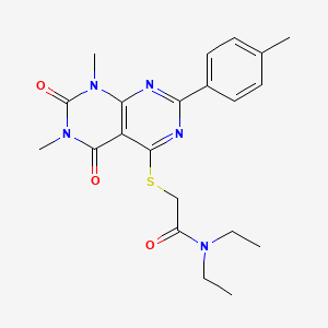molecular formula C21H25N5O3S B2689990 2-((6,8-dimethyl-5,7-dioxo-2-(p-tolyl)-5,6,7,8-tetrahydropyrimido[4,5-d]pyrimidin-4-yl)thio)-N,N-diethylacetamide CAS No. 893911-61-0