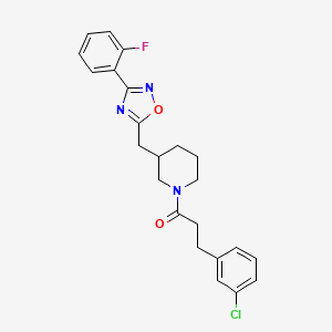 molecular formula C23H23ClFN3O2 B2690071 3-(3-Chlorophenyl)-1-(3-((3-(2-fluorophenyl)-1,2,4-oxadiazol-5-yl)methyl)piperidin-1-yl)propan-1-one CAS No. 1706316-27-9