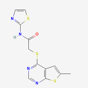 molecular formula C12H10N4OS3 B2690081 2-((6-methylthieno[2,3-d]pyrimidin-4-yl)thio)-N-(thiazol-2-yl)acetamide CAS No. 878697-28-0