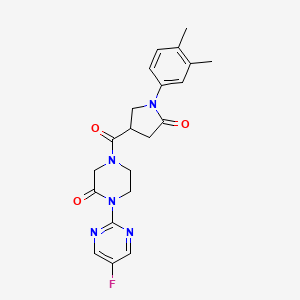 molecular formula C21H22FN5O3 B2690120 4-[1-(3,4-Dimethylphenyl)-5-oxopyrrolidine-3-carbonyl]-1-(5-fluoropyrimidin-2-yl)piperazin-2-one CAS No. 2309188-07-4