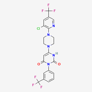 molecular formula C21H16ClF6N5O2 B2690161 4-(4-(3-Chloro-5-(trifluoromethyl)-2-pyridinyl)piperazino)-6-hydroxy-1-(3-(trifluoromethyl)phenyl)-2(1H)-pyrimidinone CAS No. 339012-76-9