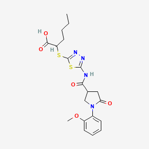 molecular formula C20H24N4O5S2 B2690170 2-((5-(1-(2-甲氧基苯基)-5-氧代吡咯啉-3-甲酰胺)-1,3,4-噻二唑-2-基)硫)己酸 CAS No. 894041-23-7