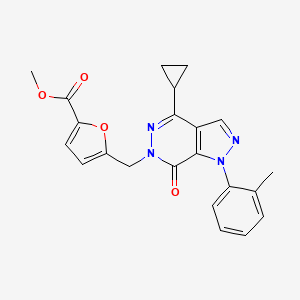 molecular formula C22H20N4O4 B2690239 甲酸甲酯 5-((4-环丙基-7-氧代-1-(邻甲苯)-1H-吡唑并[3,4-d]吡啶-6(7H)-基)甲基)呋喃-2-甲酸酯 CAS No. 1105239-05-1
