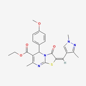 molecular formula C23H24N4O4S B2690403 (E)-乙酸乙酯 2-((1,3-二甲基-1H-吡唑-4-基)甲亚甲基)-5-(4-甲氧基苯基)-7-甲基-3-氧代-3,5-二氢-2H-噻唑并[3,2-a]嘧啶-6-羧酸酯 CAS No. 492427-60-8