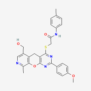 molecular formula C28H26N4O4S B2690476 2-{[6-(hydroxymethyl)-2-(4-methoxyphenyl)-9-methyl-5H-pyrido[4',3':5,6]pyrano[2,3-d]pyrimidin-4-yl]thio}-N-(4-methylphenyl)acetamide CAS No. 867040-57-1