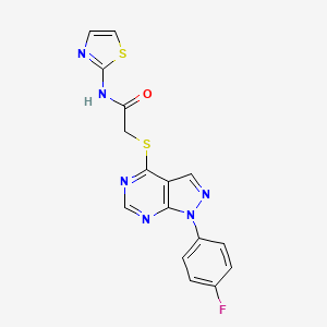 molecular formula C16H11FN6OS2 B2690507 2-((1-(4-氟苯基)-1H-吡唑并[3,4-d]嘧啶-4-基)硫代)-N-(噻唑-2-基)乙酰胺 CAS No. 893910-39-9