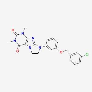 molecular formula C22H20ClN5O3 B2690515 8-{3-[(3-Chlorophenyl)methoxy]phenyl}-1,3-dimethyl-1,3,5-trihydroimidazolidino [1,2-h]purine-2,4-dione CAS No. 1021029-66-2
