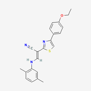 molecular formula C22H21N3OS B2690773 (E)-3-((2,5-二甲基苯基)氨基)-2-(4-(4-乙氧基苯基)噻唑-2-基)丙烯腈 CAS No. 1321695-46-8