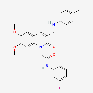 molecular formula C27H26FN3O4 B2690794 2-(6,7-dimethoxy-2-oxo-3-((p-tolylamino)methyl)quinolin-1(2H)-yl)-N-(3-fluorophenyl)acetamide CAS No. 894553-10-7