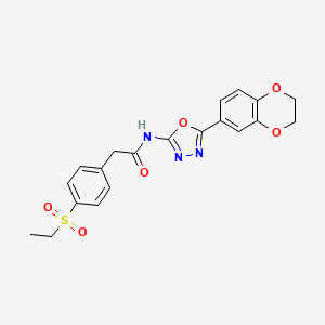 molecular formula C20H19N3O6S B2690834 N-(5-(2,3-dihydrobenzo[b][1,4]dioxin-6-yl)-1,3,4-oxadiazol-2-yl)-2-(4-(ethylsulfonyl)phenyl)acetamide CAS No. 941972-49-2